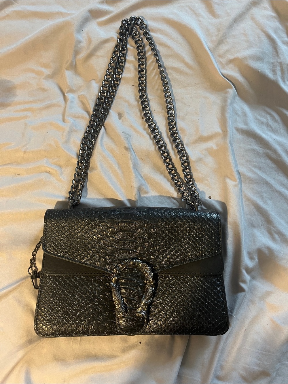 Black Textured Chain-Handle Shoulder Bag